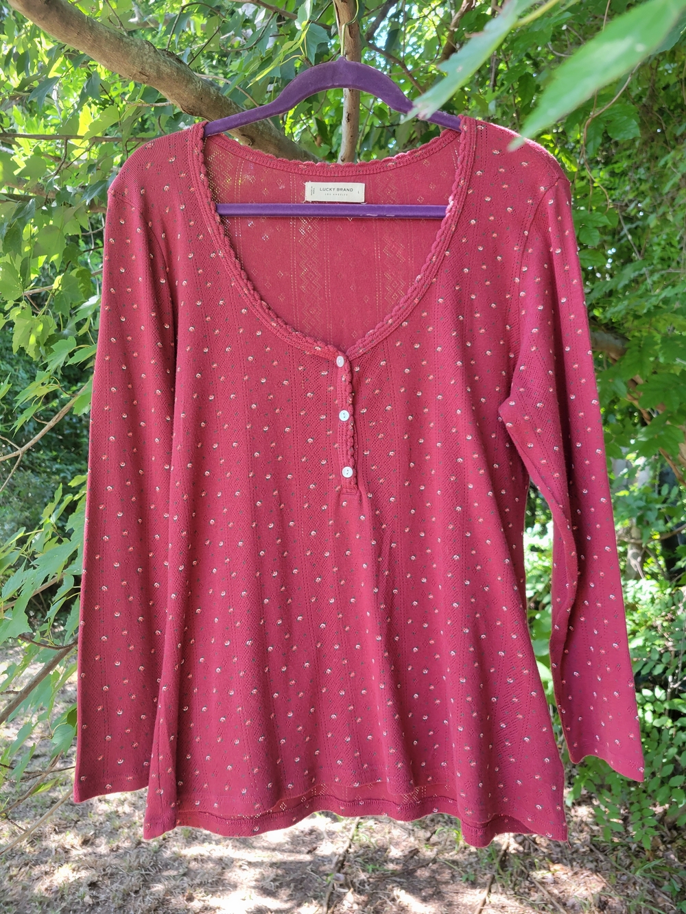 Lucky Brand Red Ditsy Floral Pointelle Henley Shirt Size L